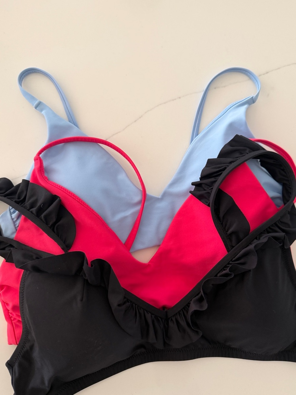 J. Crew Light Blue, Hot Pink & Black Ruffle Bikini Tops